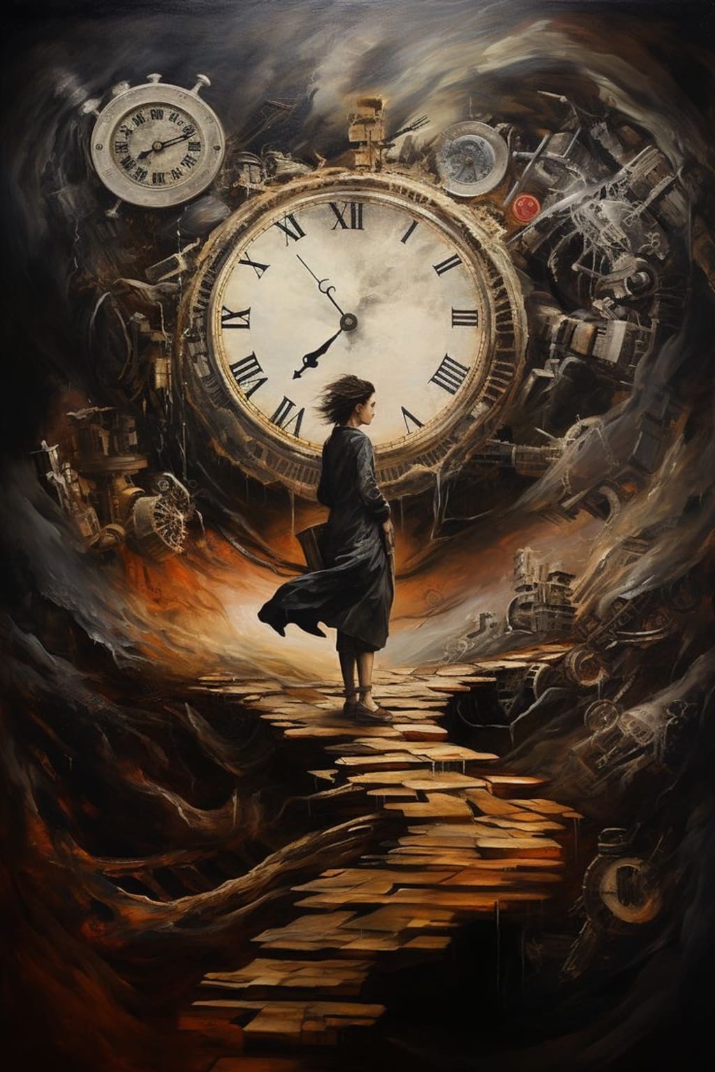 A figure walking quietly through fragments of time
